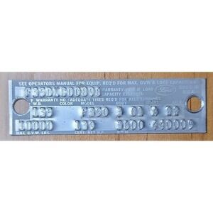 1968 Ford F350 Plate Data Tag Truck Plate Data Tag Chassis Tag